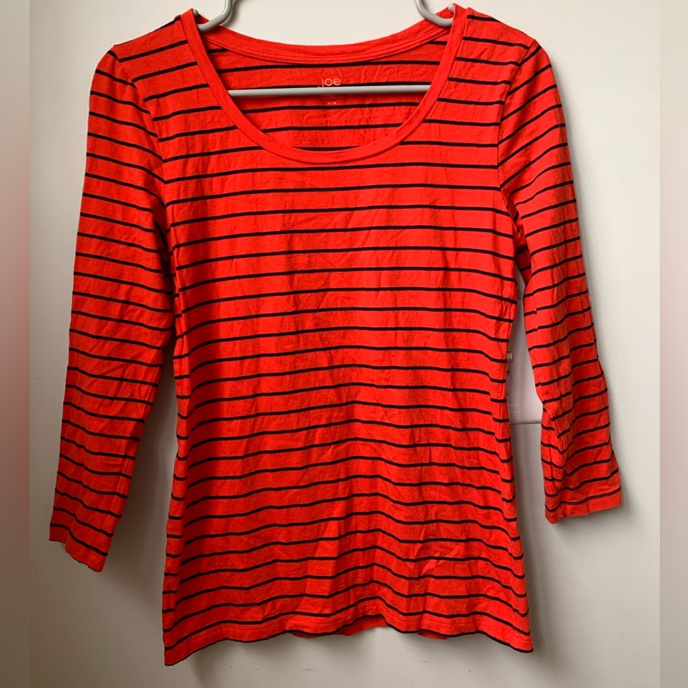 Joe Fresh Red & Black Striped Scoop Neck 3/4 Sleeve Top